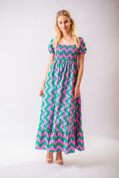 Zeleno ružové geometrické maxi šaty