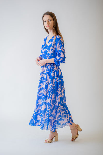 Modré kvetinové midi šaty - spoločenské šaty