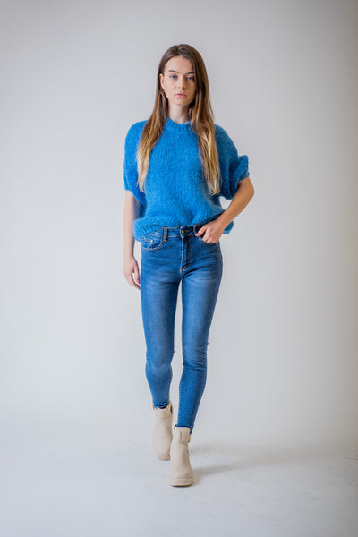 Modrý pletený sveter s krátkym rukávom - UNI - Top