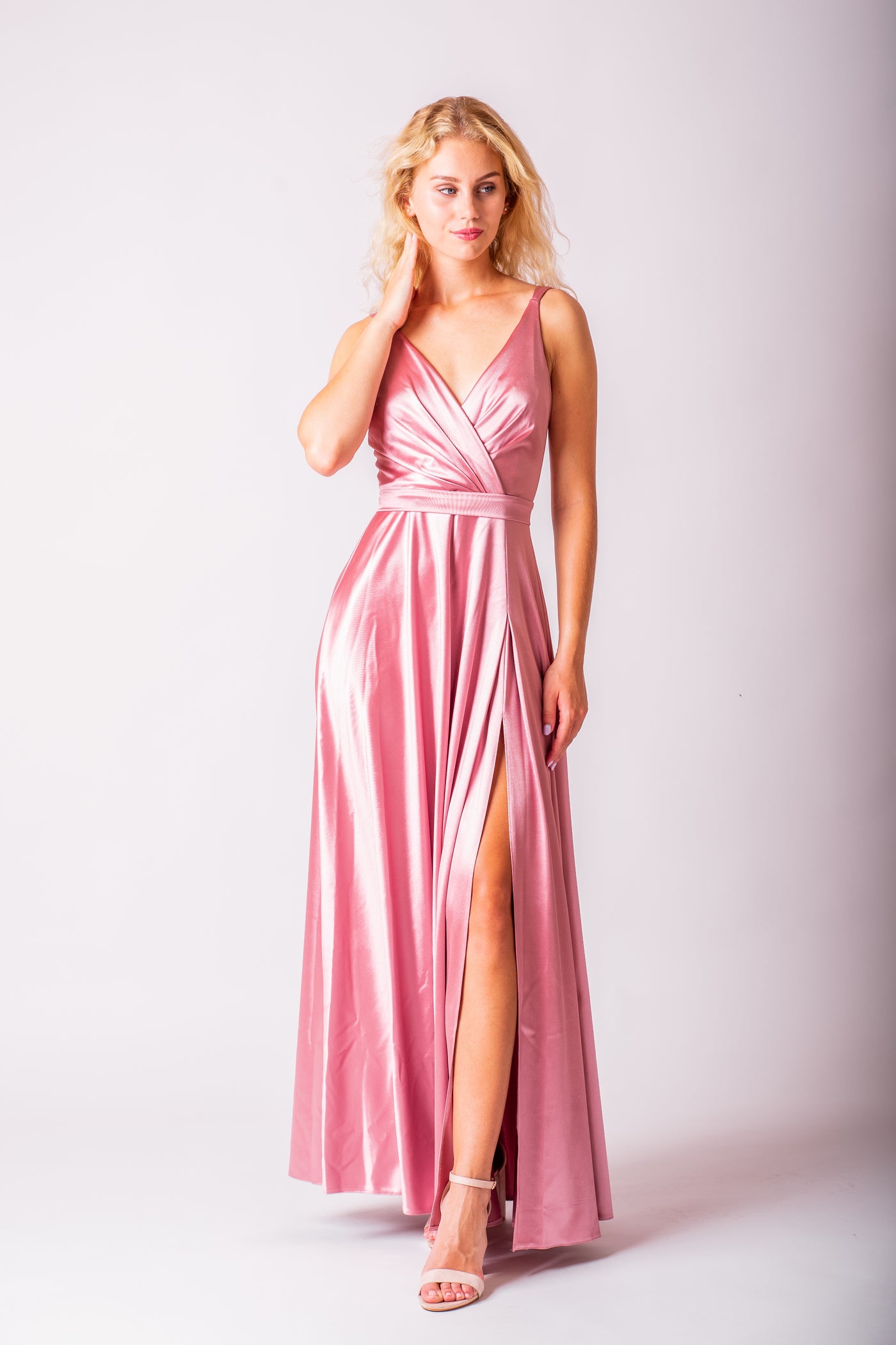 Ružové saténové spoločenské šaty Faye