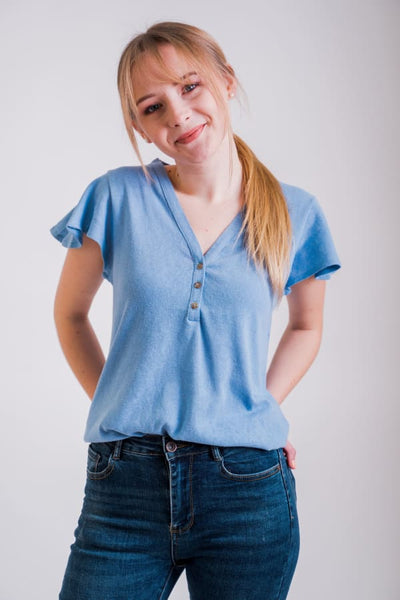 Svetlo modré bavlnené tričko s hnedými gombíkmi - Top