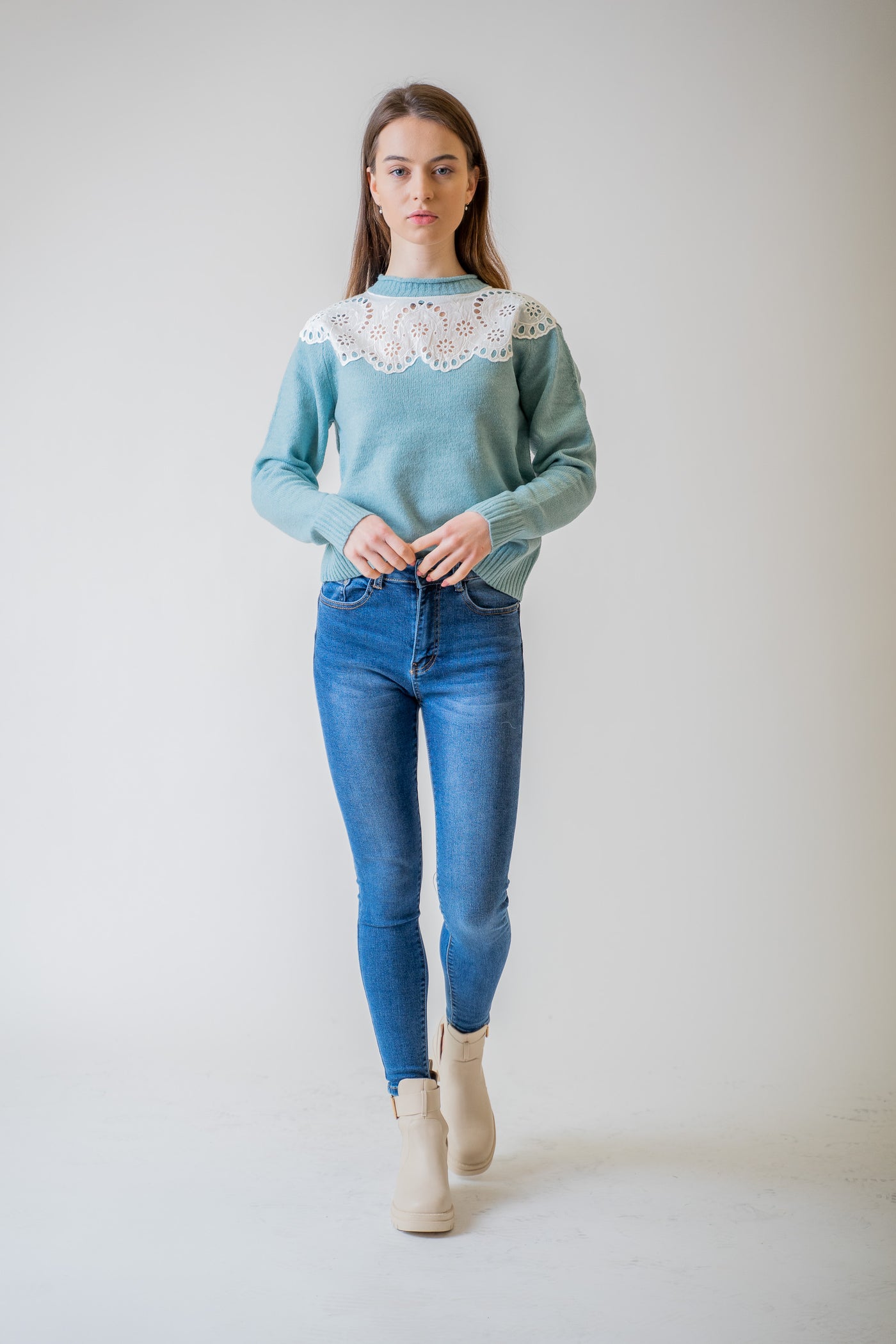 Modrý sveter s madeirovým golierom - Top