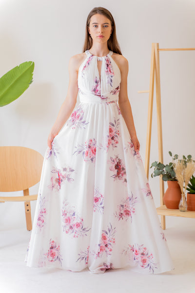 Bielo ružové kvetinové spoločenské šaty - spoločenské šaty
