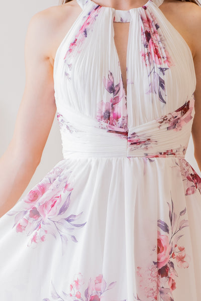 Bielo ružové kvetinové spoločenské šaty - spoločenské šaty